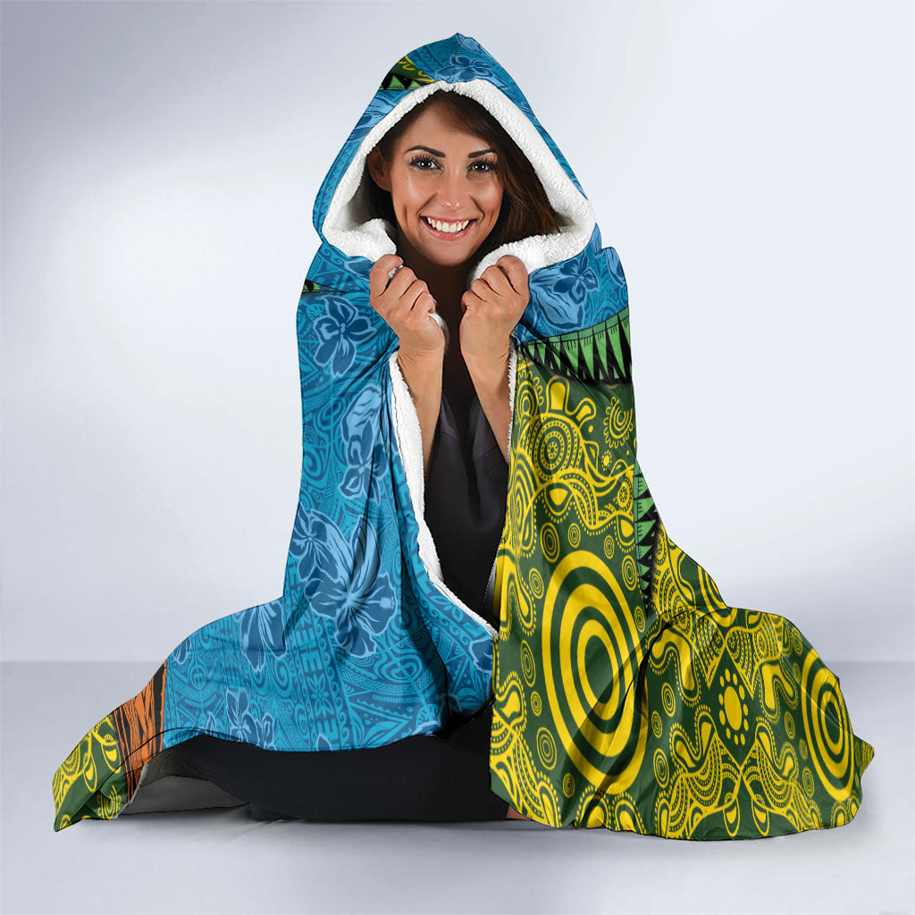 Tuvalu and Australia Together Hooded Blanket Tapa Pattern and Aboriginal mix Culture