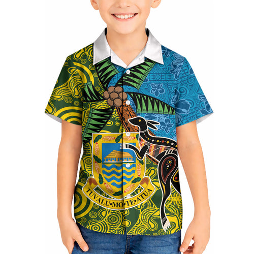 Tuvalu and Australia Together Kid Hawaiian Shirt Tapa Pattern and Aboriginal mix Culture