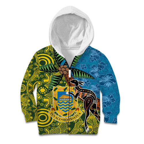 Tuvalu and Australia Together Kid Hoodie Tapa Pattern and Aboriginal mix Culture
