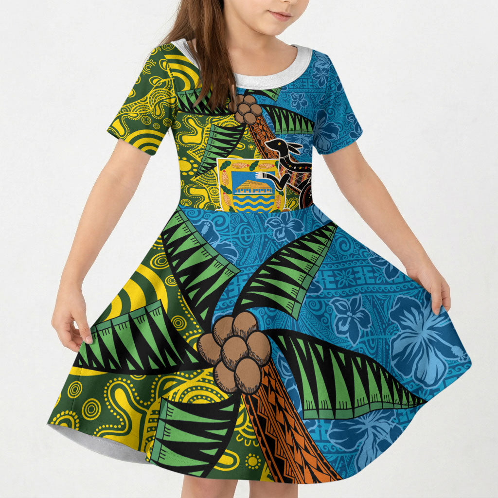Tuvalu and Australia Together Kid Short Sleeve Dress Tapa Pattern and Aboriginal mix Culture