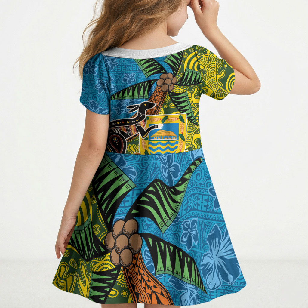 Tuvalu and Australia Together Kid Short Sleeve Dress Tapa Pattern and Aboriginal mix Culture