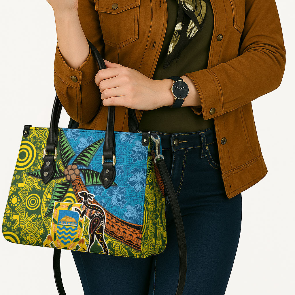Tuvalu and Australia Together Leather Bag Tapa Pattern and Aboriginal mix Culture
