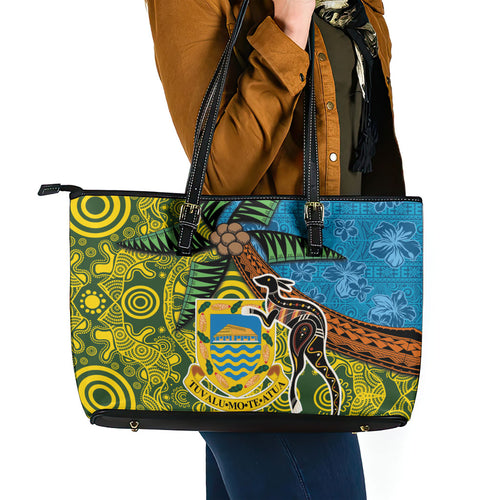 Tuvalu and Australia Together Leather Tote Bag Tapa Pattern and Aboriginal mix Culture