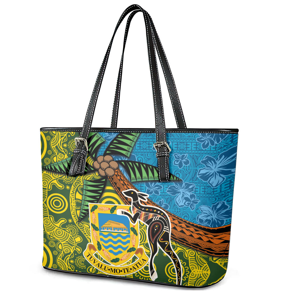 Tuvalu and Australia Together Leather Tote Bag Tapa Pattern and Aboriginal mix Culture