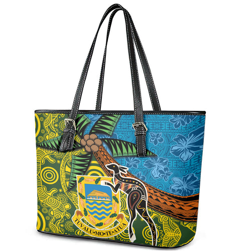 Tuvalu and Australia Together Leather Tote Bag Tapa Pattern and Aboriginal mix Culture