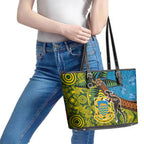 Tuvalu and Australia Together Leather Tote Bag Tapa Pattern and Aboriginal mix Culture