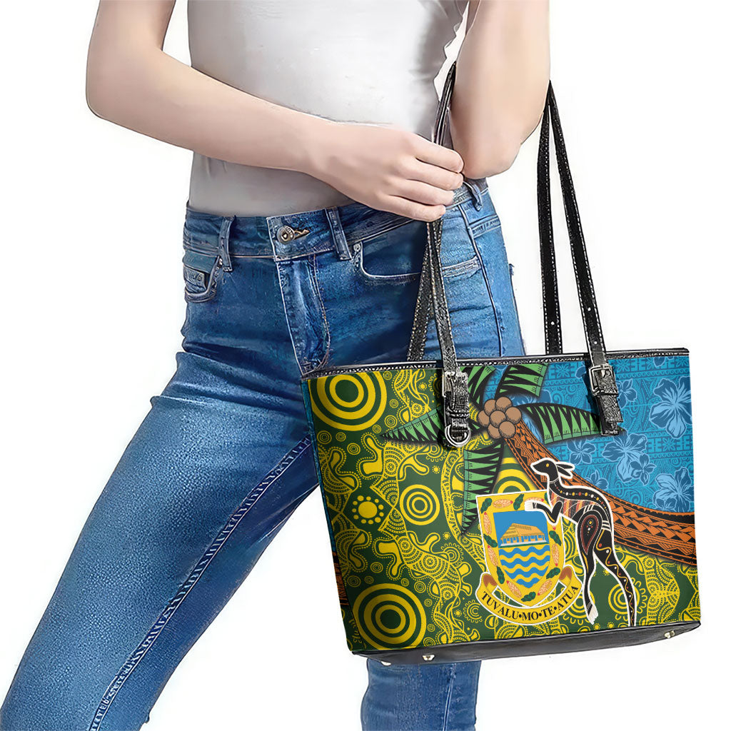 Tuvalu and Australia Together Leather Tote Bag Tapa Pattern and Aboriginal mix Culture