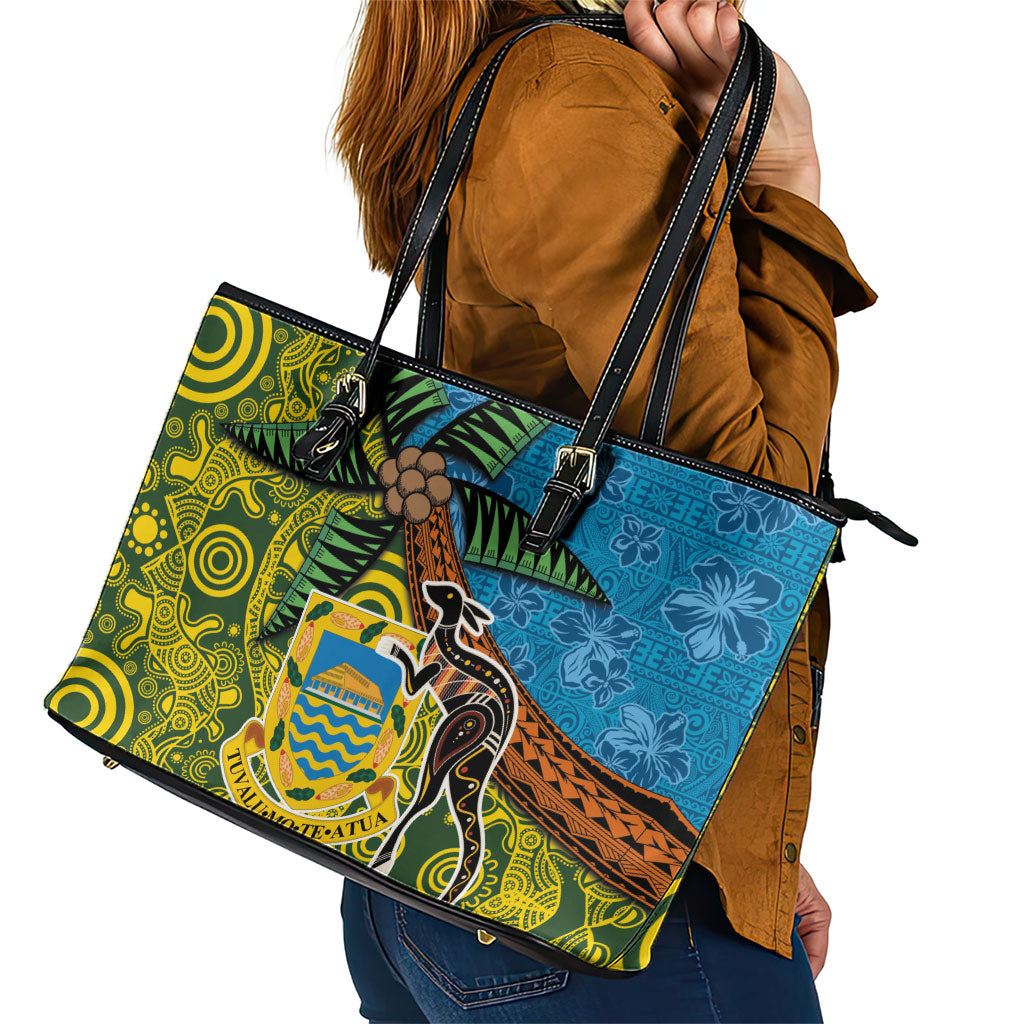 Tuvalu and Australia Together Leather Tote Bag Tapa Pattern and Aboriginal mix Culture