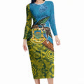 Tuvalu and Australia Together Long Sleeve Bodycon Dress Tapa Pattern and Aboriginal mix Culture