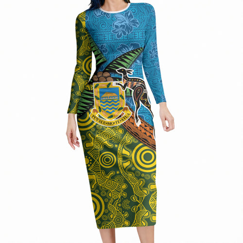 Tuvalu and Australia Together Long Sleeve Bodycon Dress Tapa Pattern and Aboriginal mix Culture