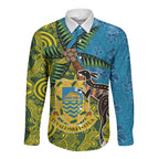 Tuvalu and Australia Together Long Sleeve Button Shirt Tapa Pattern and Aboriginal mix Culture