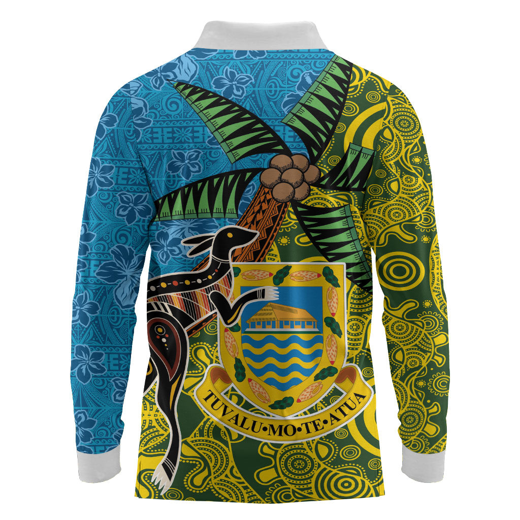 Tuvalu and Australia Together Long Sleeve Polo Shirt Tapa Pattern and Aboriginal mix Culture