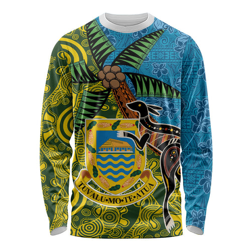 Tuvalu and Australia Together Long Sleeve Shirt Tapa Pattern and Aboriginal mix Culture
