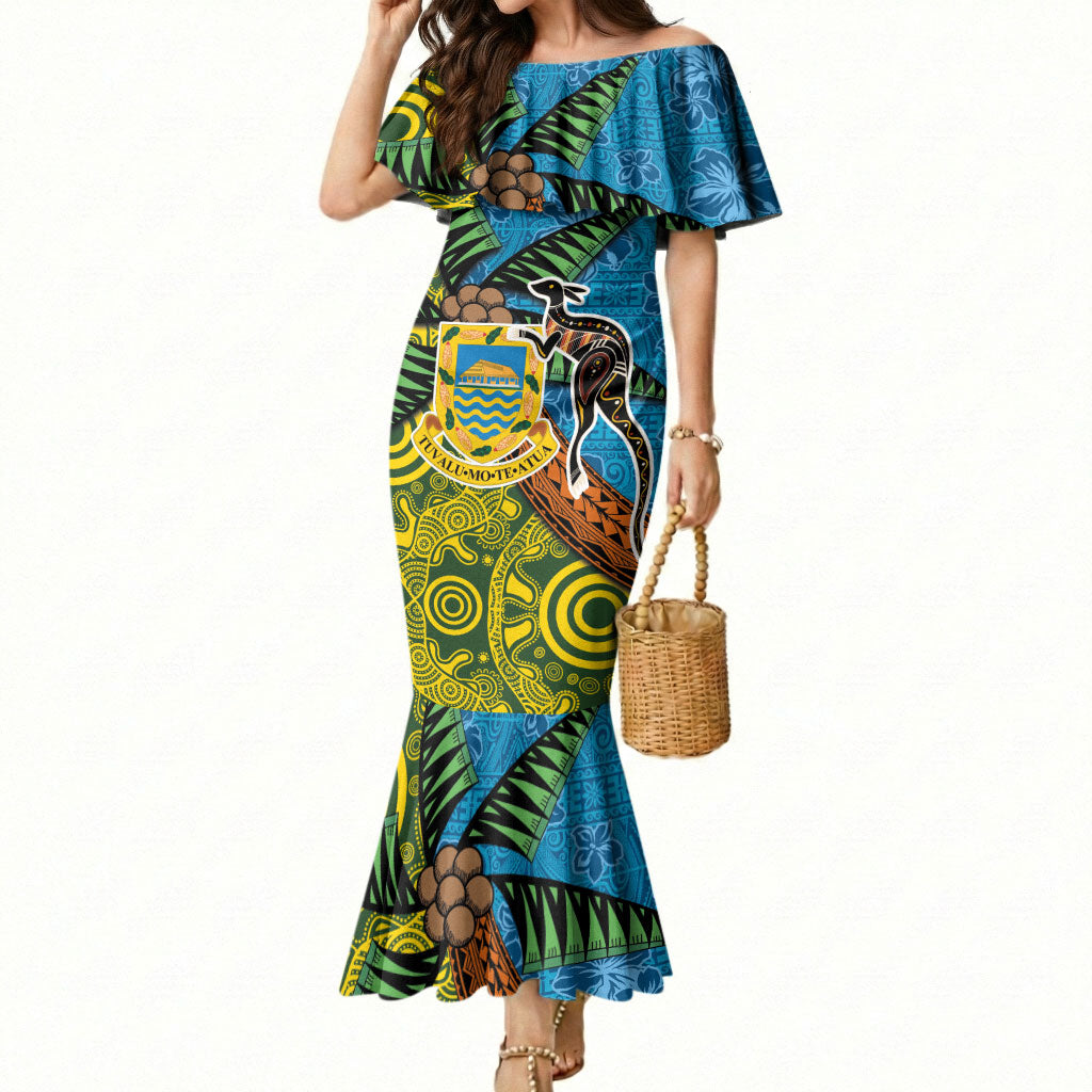 Tuvalu and Australia Together Mermaid Dress Tapa Pattern and Aboriginal mix Culture