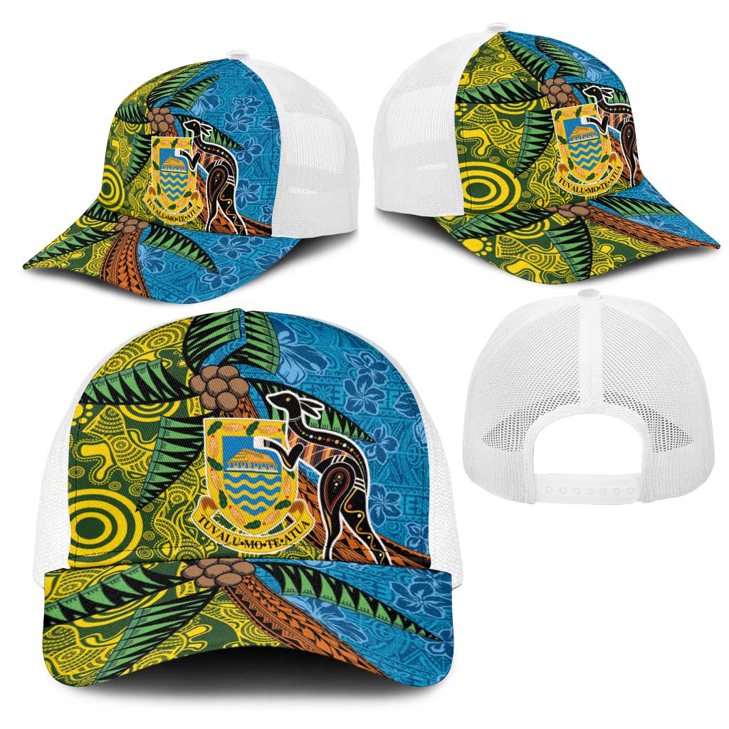 Tuvalu and Australia Together Mesh Trucker Cap Tapa Pattern and Aboriginal mix Culture