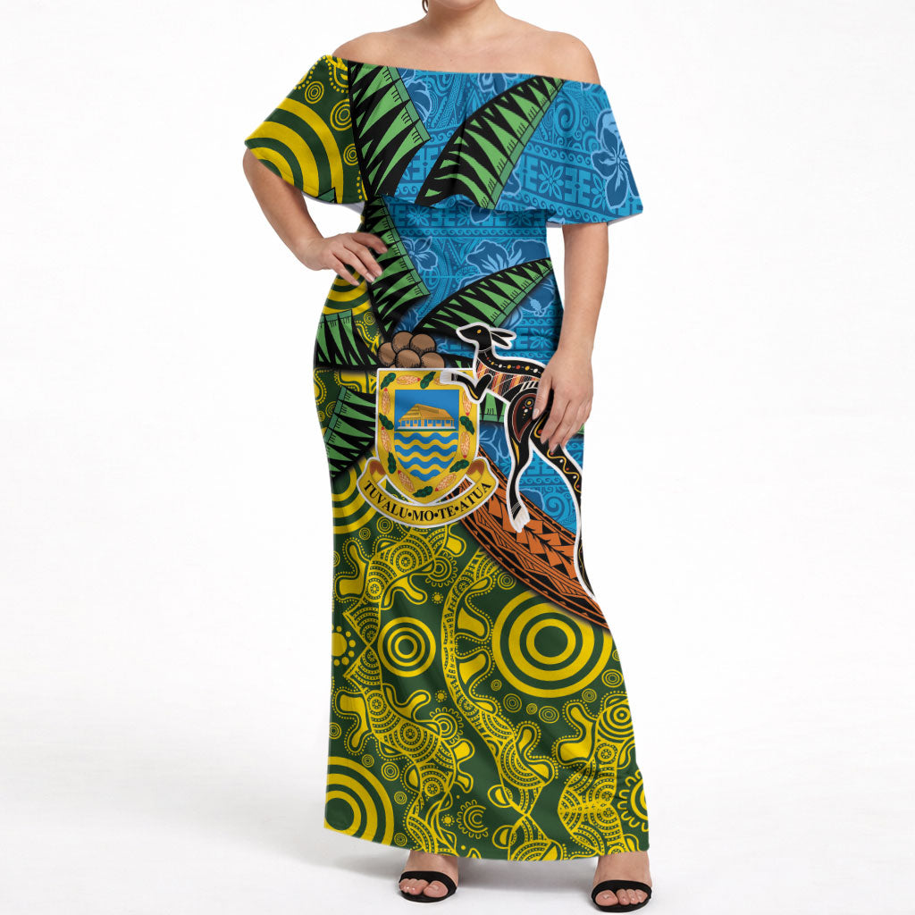 Tuvalu and Australia Together Off Shoulder Maxi Dress Tapa Pattern and Aboriginal mix Culture