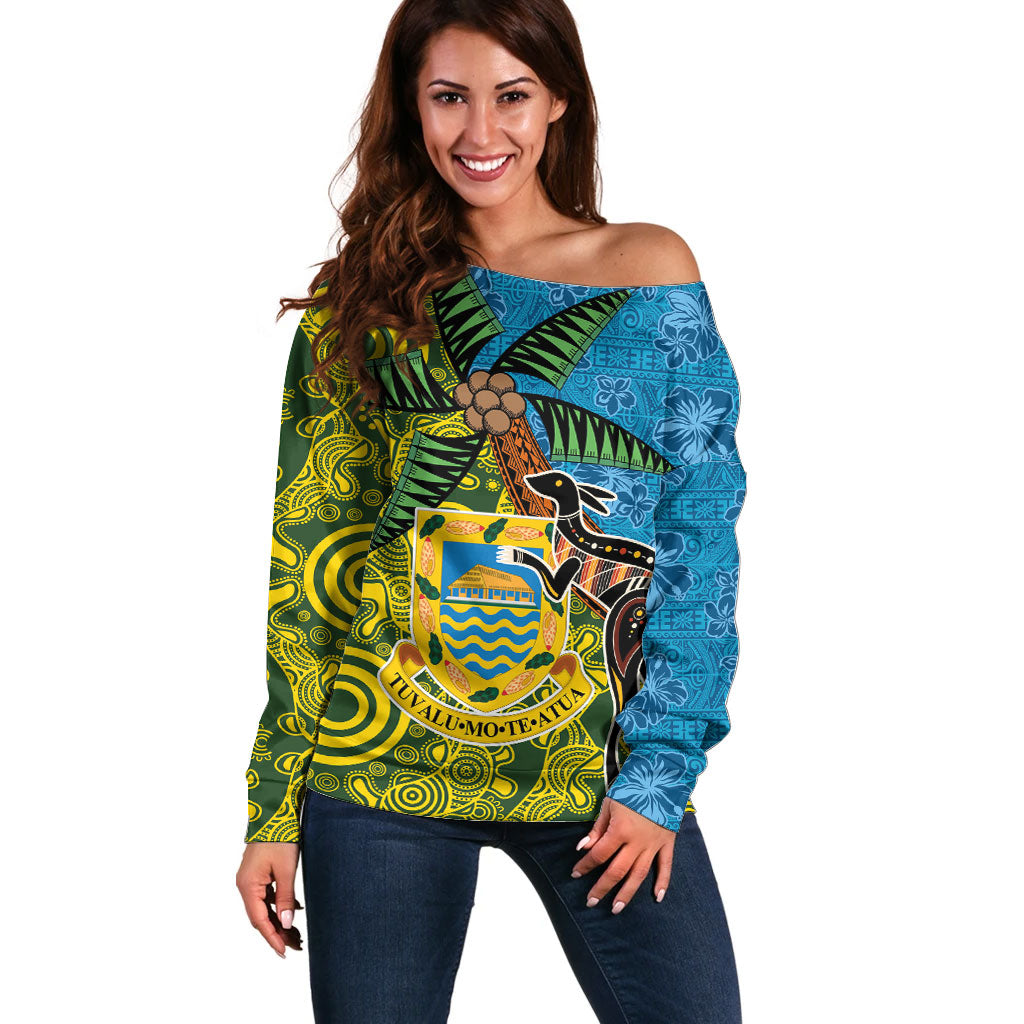 Tuvalu and Australia Together Off Shoulder Sweater Tapa Pattern and Aboriginal mix Culture