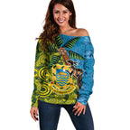 Tuvalu and Australia Together Off Shoulder Sweater Tapa Pattern and Aboriginal mix Culture