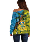 Tuvalu and Australia Together Off Shoulder Sweater Tapa Pattern and Aboriginal mix Culture