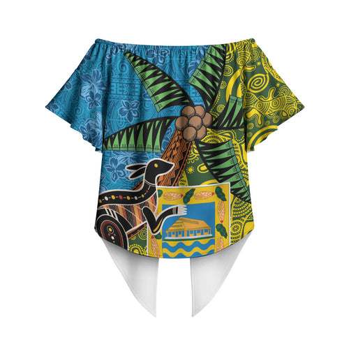 Tuvalu and Australia Together Off Shoulder Wrap Waist Top Tapa Pattern and Aboriginal mix Culture