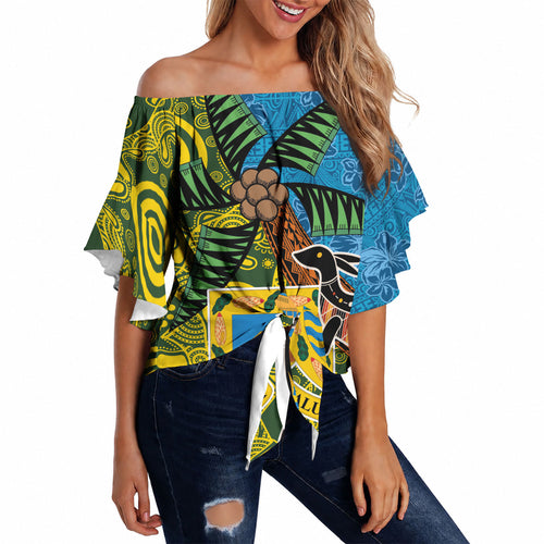 Tuvalu and Australia Together Off Shoulder Wrap Waist Top Tapa Pattern and Aboriginal mix Culture
