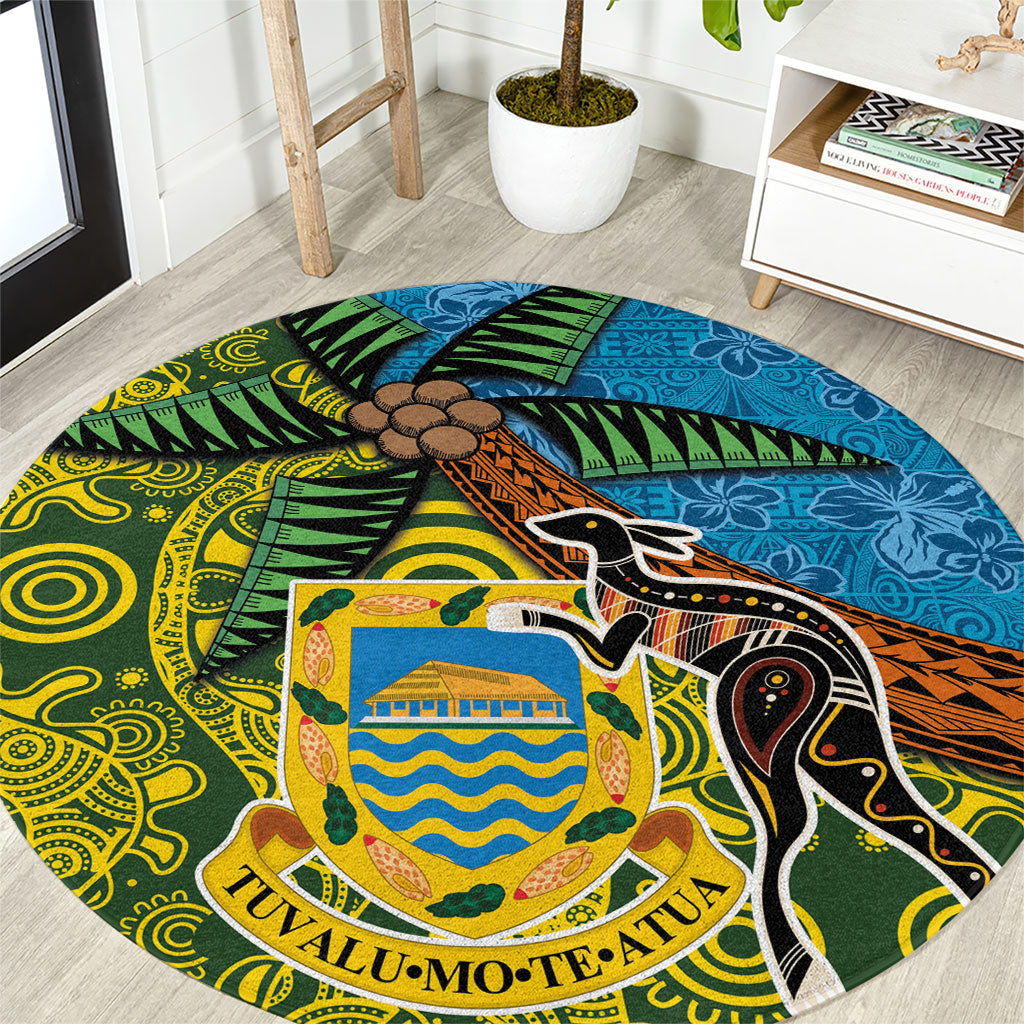 Tuvalu and Australia Together Round Carpet Tapa Pattern and Aboriginal mix Culture