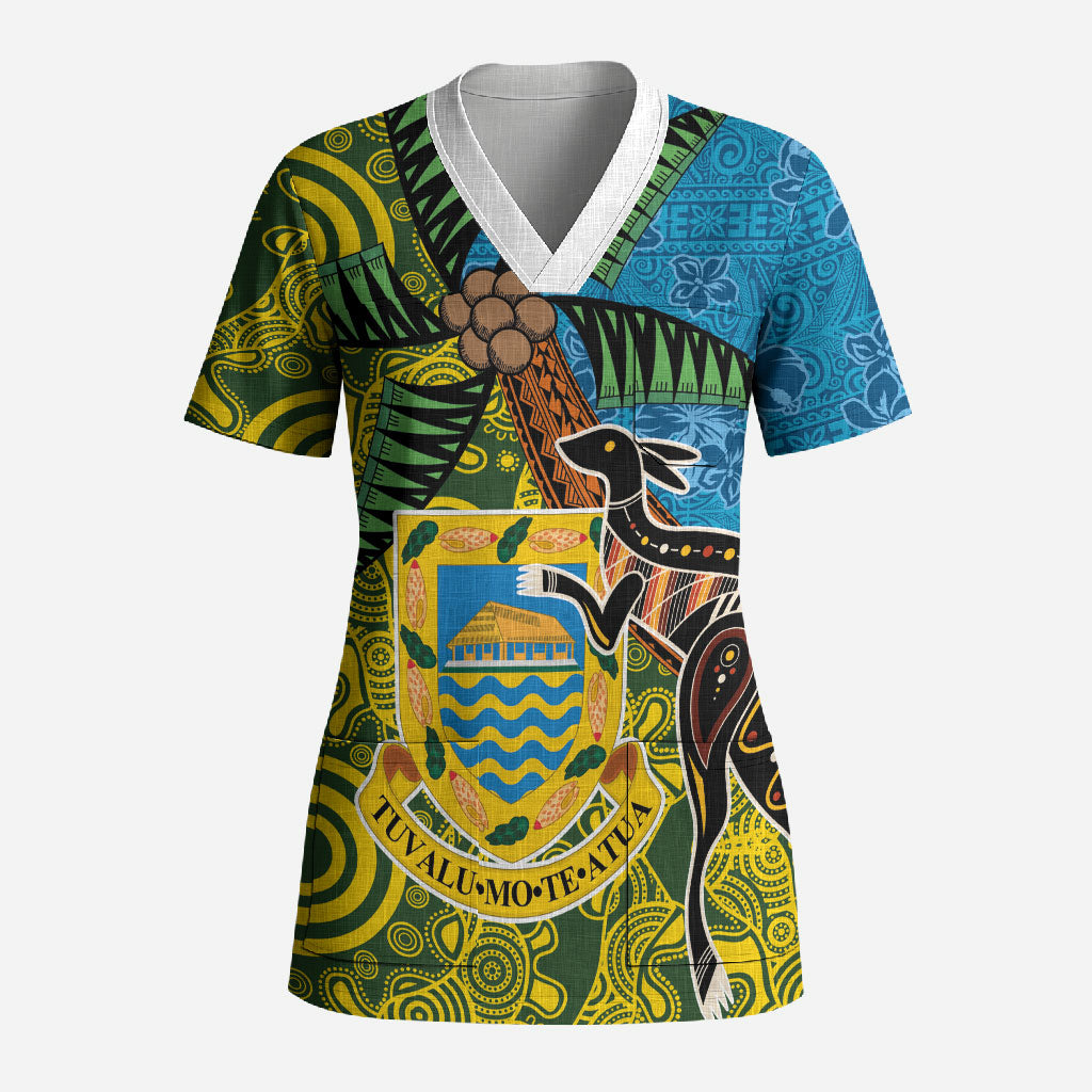Tuvalu and Australia Together Scrub Top Tapa Pattern and Aboriginal mix Culture