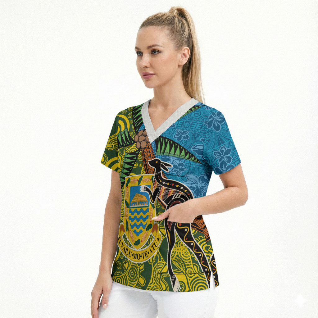 Tuvalu and Australia Together Scrub Top Tapa Pattern and Aboriginal mix Culture