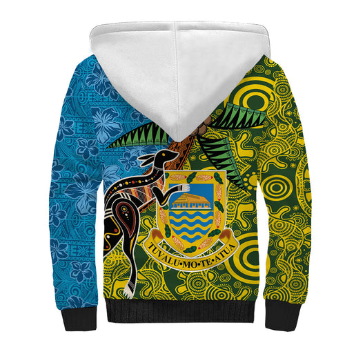 Tuvalu and Australia Together Sherpa Hoodie Tapa Pattern and Aboriginal mix Culture