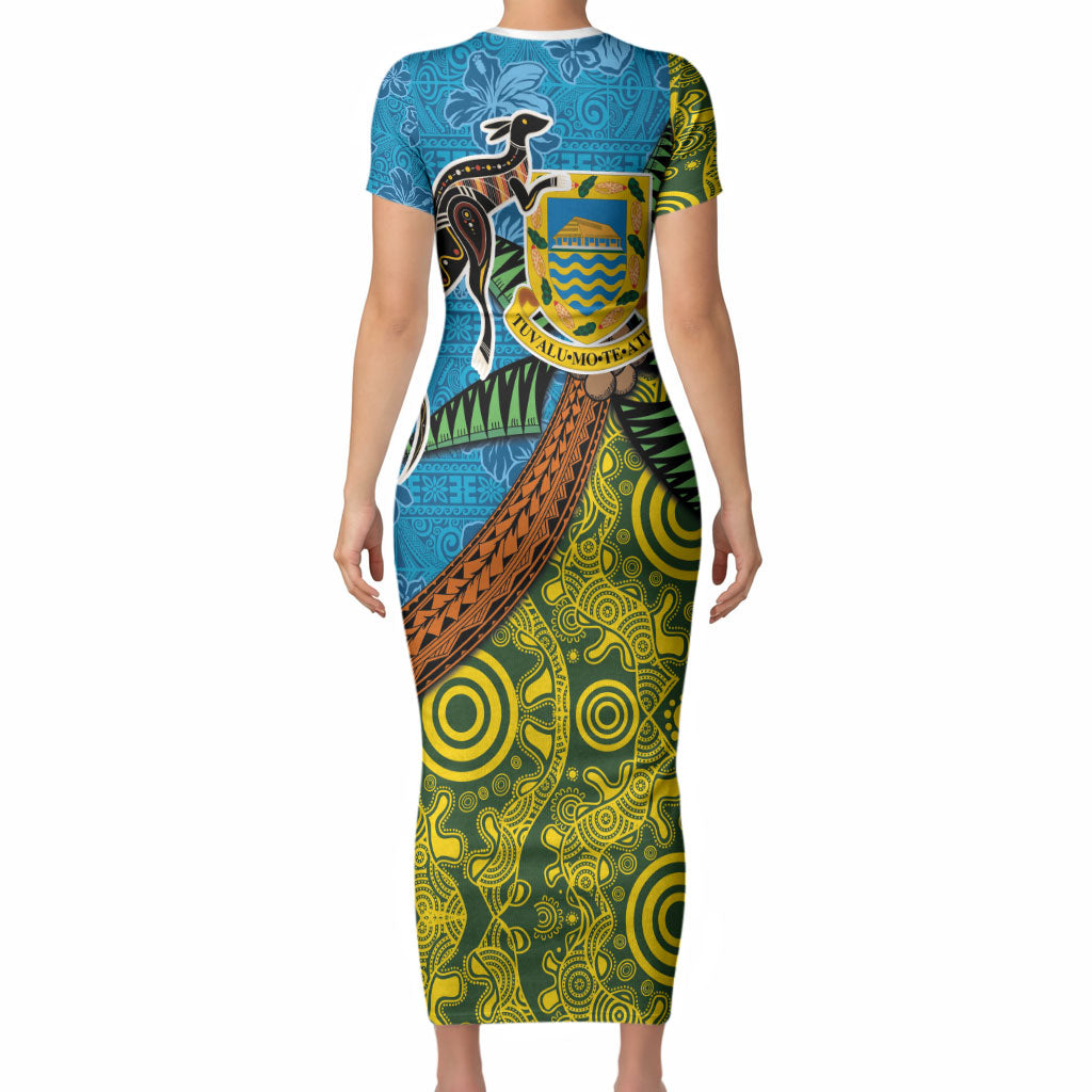 Tuvalu and Australia Together Short Sleeve Bodycon Dress Tapa Pattern and Aboriginal mix Culture