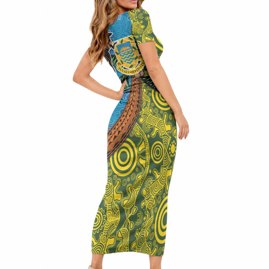 Tuvalu and Australia Together Short Sleeve Bodycon Dress Tapa Pattern and Aboriginal mix Culture