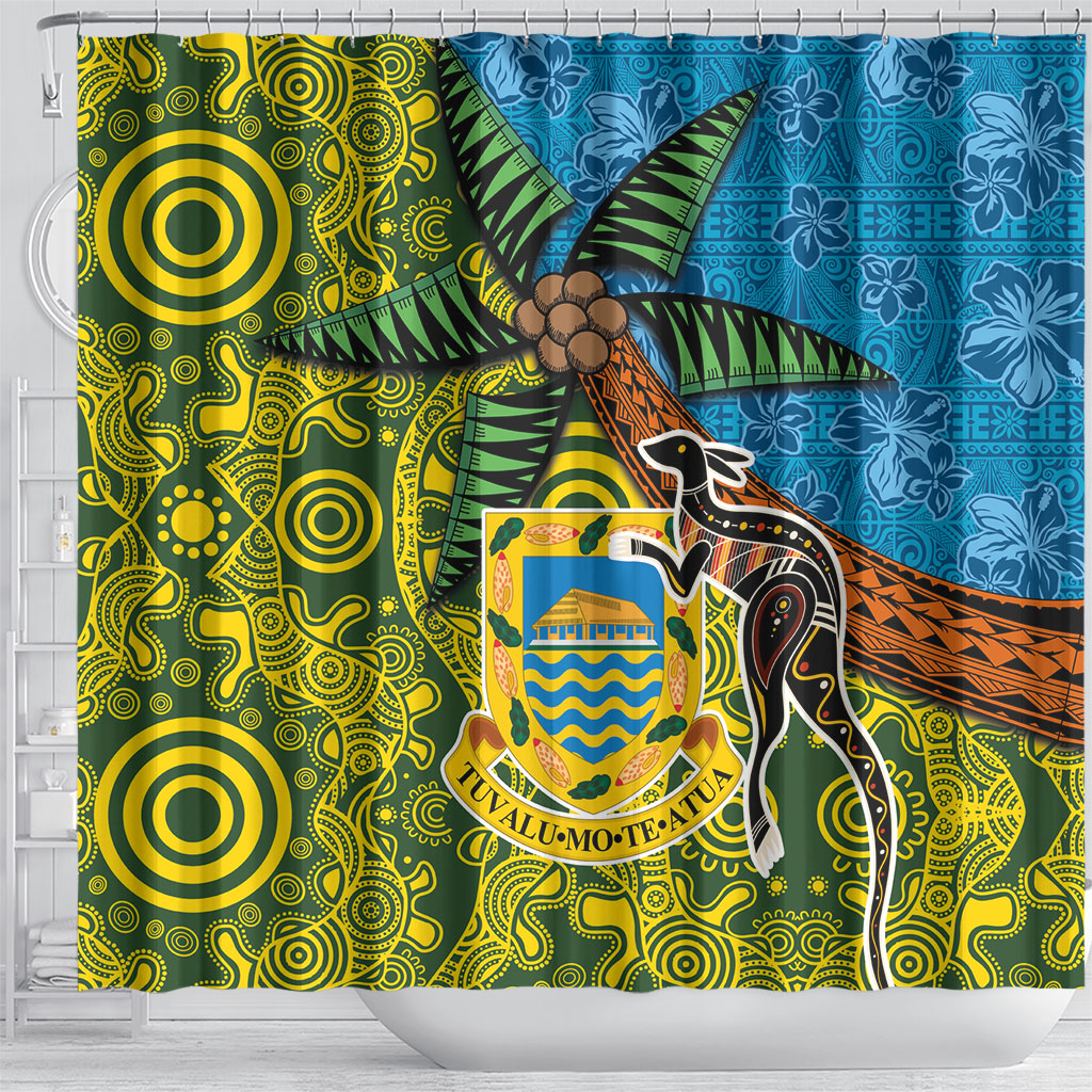Tuvalu and Australia Together Shower Curtain Tapa Pattern and Aboriginal mix Culture