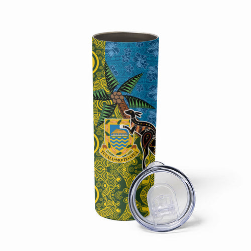 Tuvalu and Australia Together Skinny Tumbler Tapa Pattern and Aboriginal mix Culture