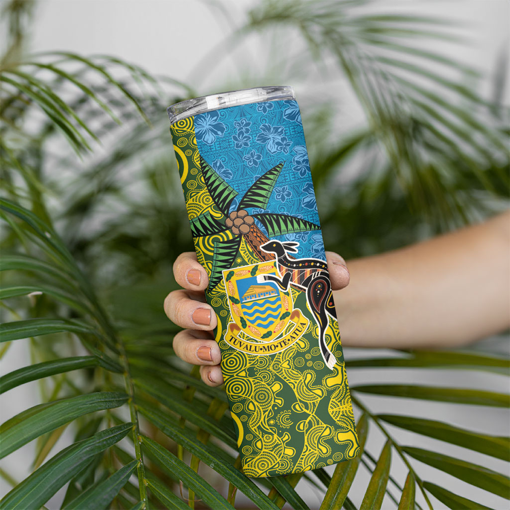 Tuvalu and Australia Together Skinny Tumbler Tapa Pattern and Aboriginal mix Culture