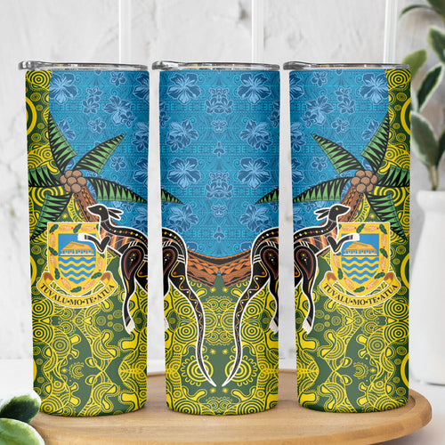 Tuvalu and Australia Together Skinny Tumbler Tapa Pattern and Aboriginal mix Culture
