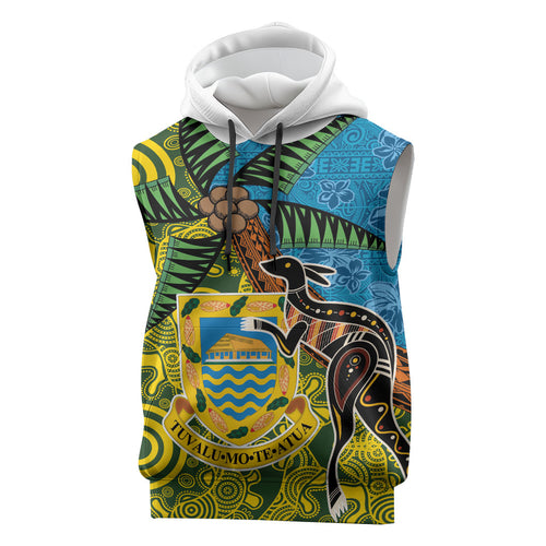 Tuvalu and Australia Together Sleeveless Hoodie Tapa Pattern and Aboriginal mix Culture