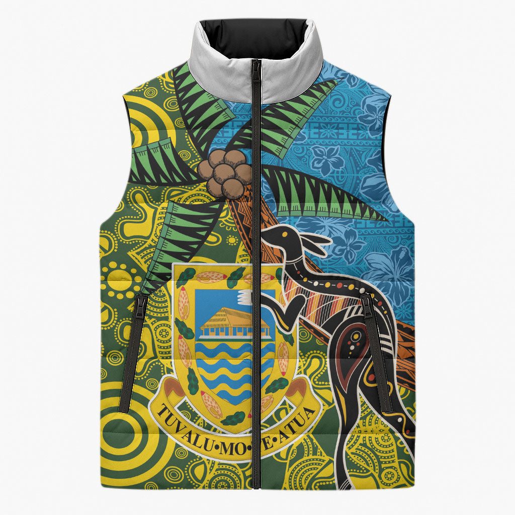 Tuvalu and Australia Together Sleeveless Puffer Jacket Tapa Pattern and Aboriginal mix Culture