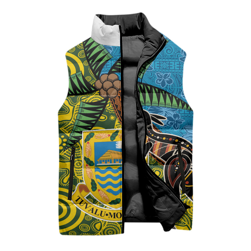 Tuvalu and Australia Together Sleeveless Puffer Jacket Tapa Pattern and Aboriginal mix Culture