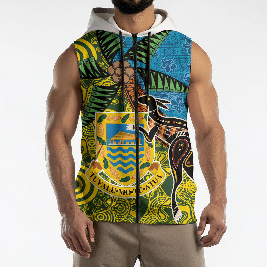 Tuvalu and Australia Together Sleeveless Zip Hoodie Tapa Pattern and Aboriginal mix Culture