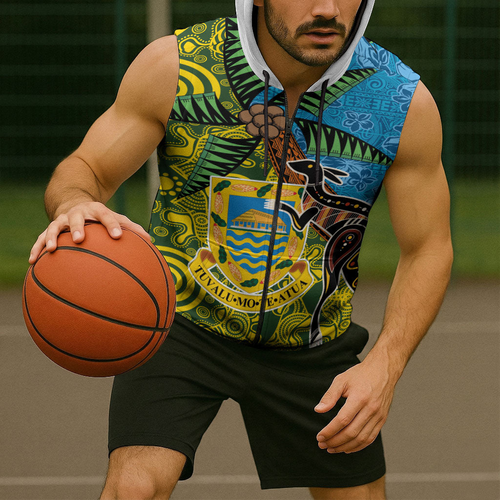 Tuvalu and Australia Together Sleeveless Zip Hoodie Tapa Pattern and Aboriginal mix Culture