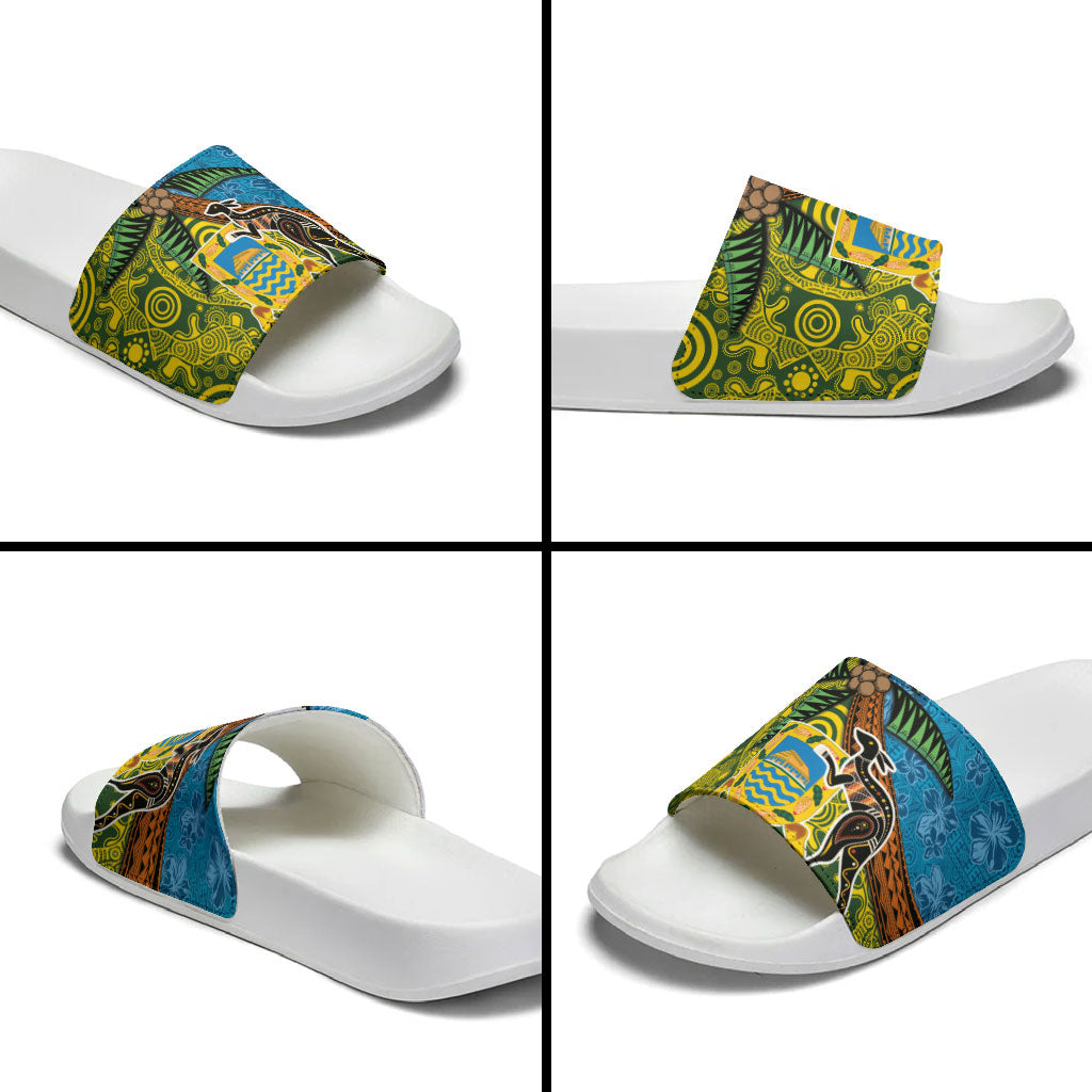 Tuvalu and Australia Together Slide Sandals Tapa Pattern and Aboriginal mix Culture