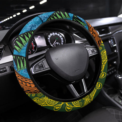 Tuvalu and Australia Together Steering Wheel Cover Tapa Pattern and Aboriginal mix Culture