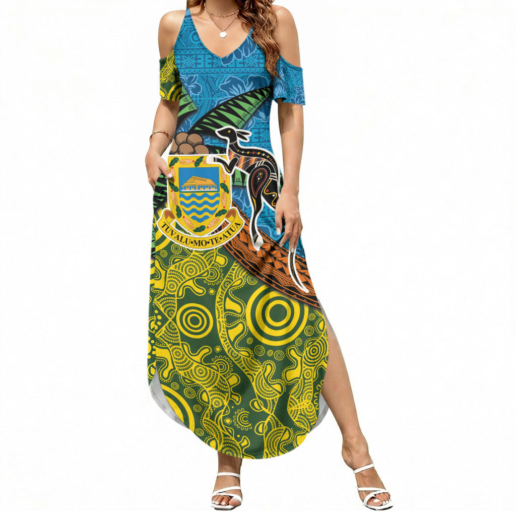 Tuvalu and Australia Together Summer Maxi Dress Tapa Pattern and Aboriginal mix Culture