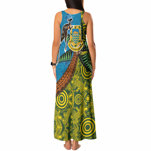 Tuvalu and Australia Together Tank Maxi Dress Tapa Pattern and Aboriginal mix Culture