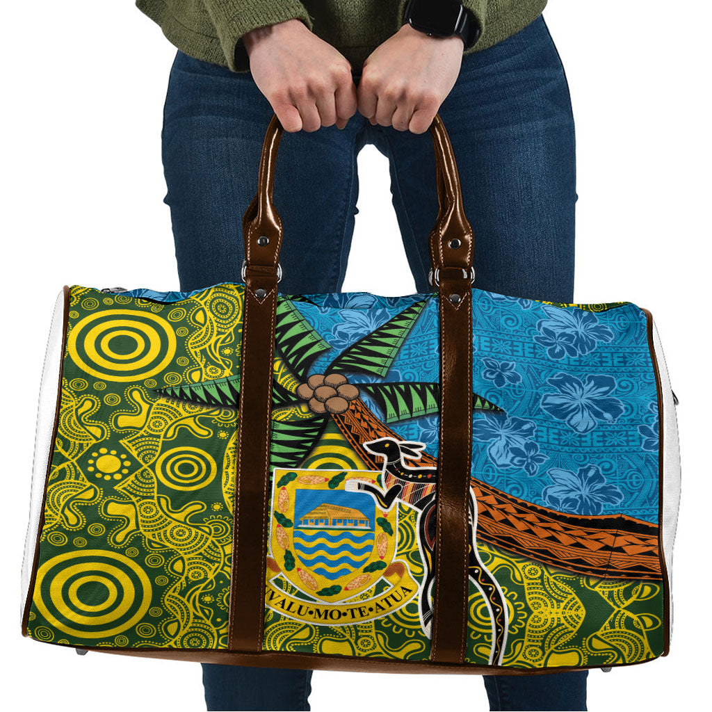 Tuvalu and Australia Together Travel Bag Tapa Pattern and Aboriginal mix Culture