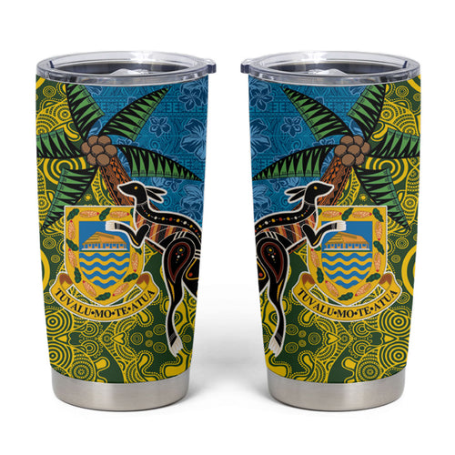 Tuvalu and Australia Together Tumbler Cup Tapa Pattern and Aboriginal mix Culture