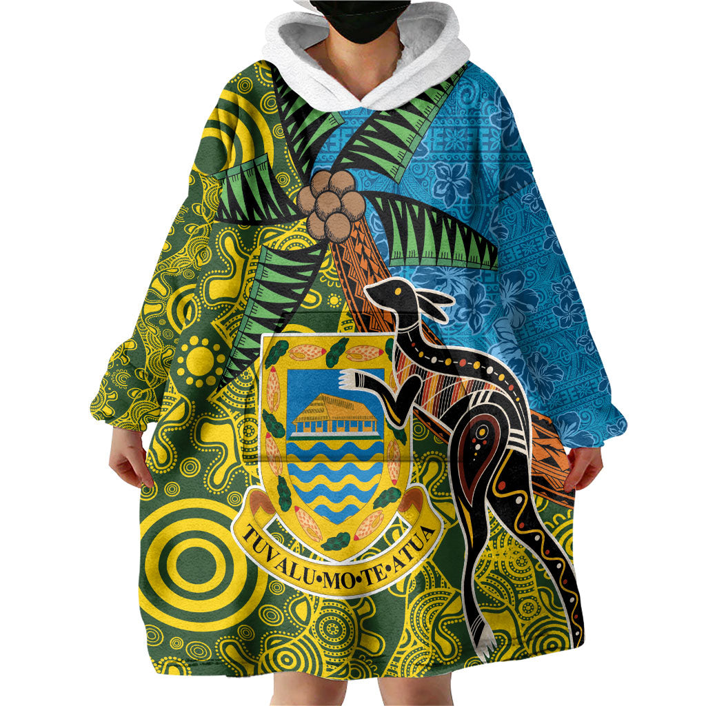 Tuvalu and Australia Together Wearable Blanket Hoodie Tapa Pattern and Aboriginal mix Culture