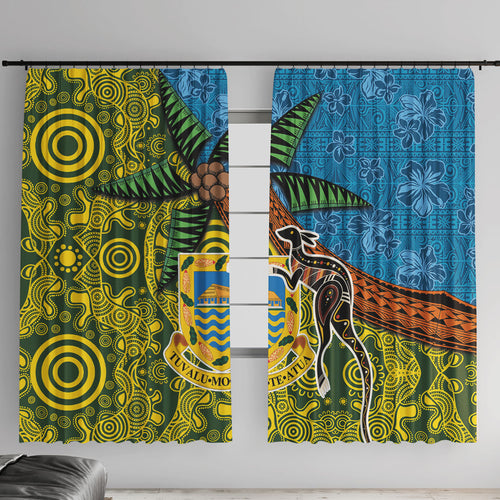 Tuvalu and Australia Together Window Curtain Tapa Pattern and Aboriginal mix Culture