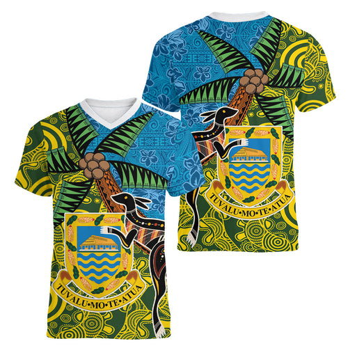Tuvalu and Australia Together Women V-Neck T-Shirt Tapa Pattern and Aboriginal mix Culture