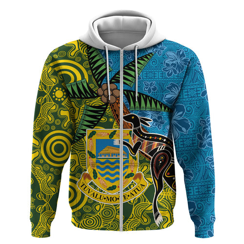 Tuvalu and Australia Together Zip Hoodie Tapa Pattern and Aboriginal mix Culture